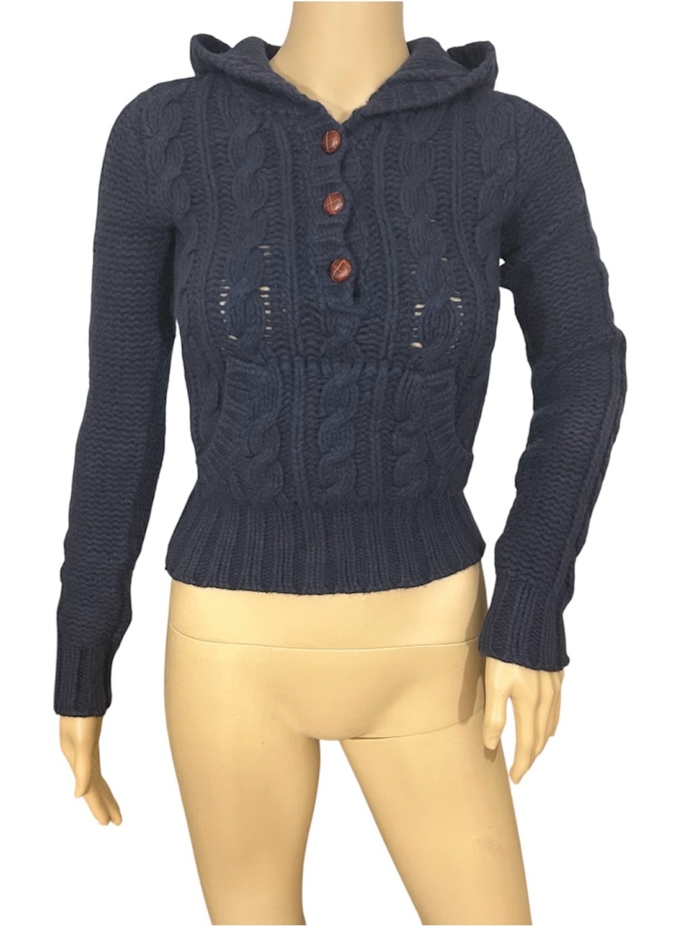 Vtg Y2K Hollister Wool Cardigan Sweater Womens XS Blue Cable 1/2 Button Hooded
